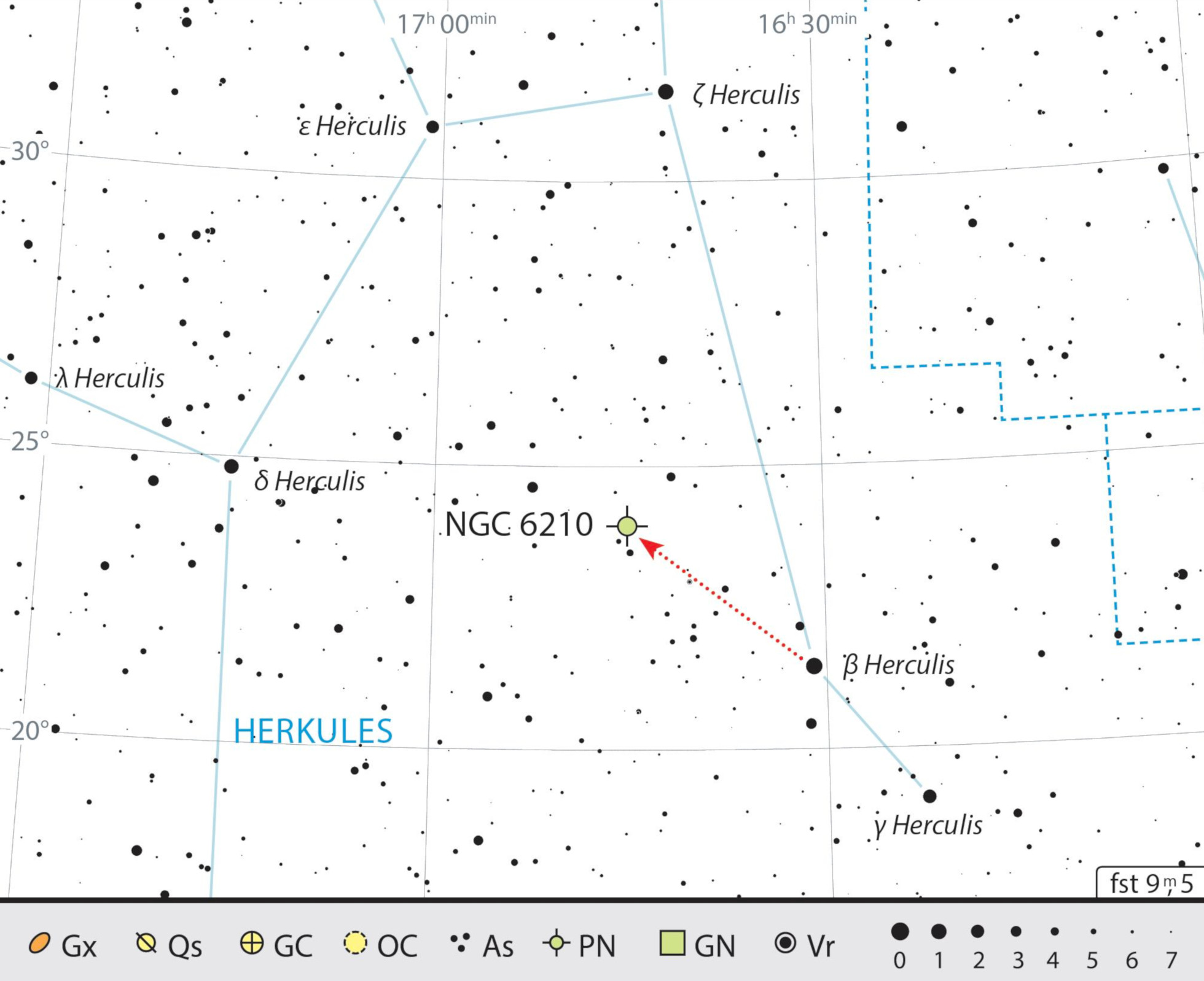 Finding chart of NGC 6210 in the constellation of Hercules. J. Scholten