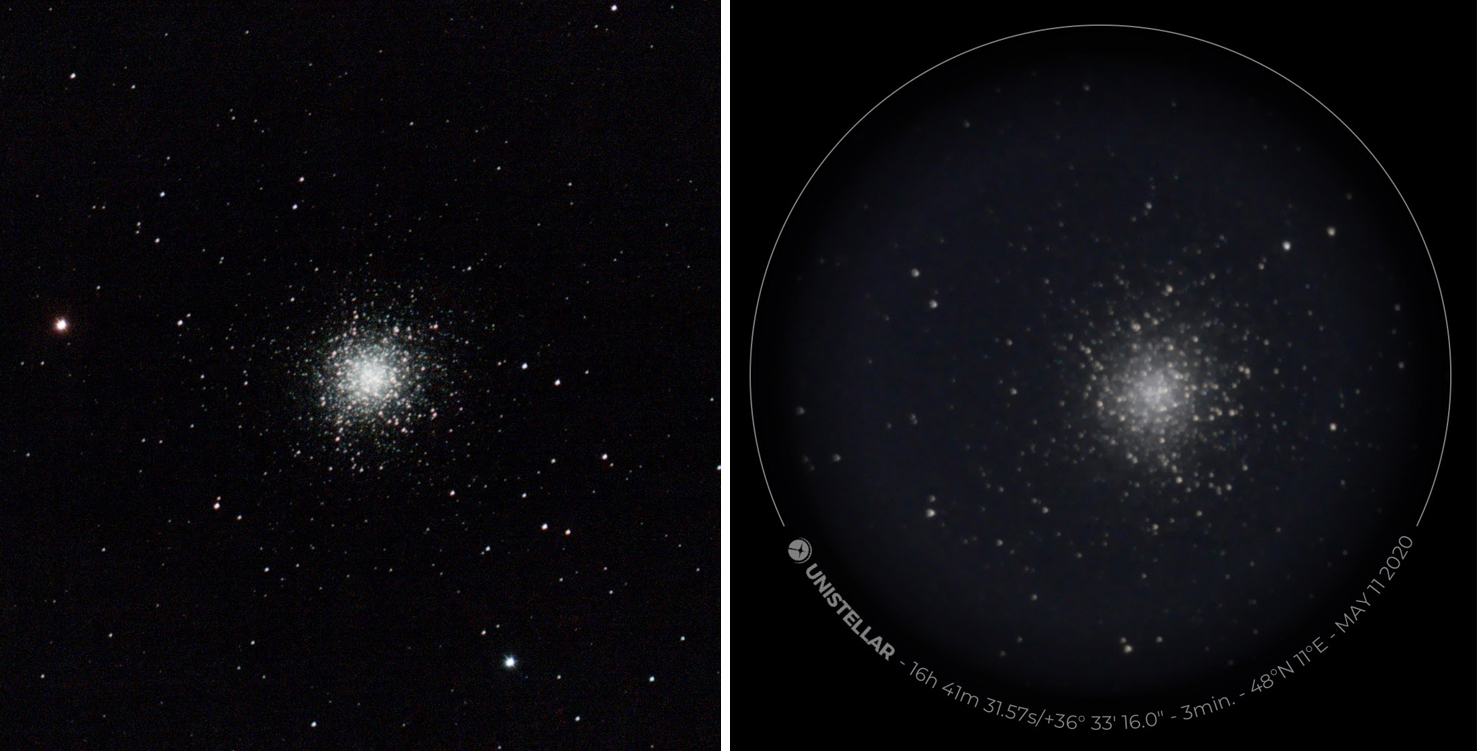  Comparação entre o Stellina e o eVscope — enxame globular M 13. Tempo de exposição: Vaonis 25 minutos, Unistellar 3 minutos
 